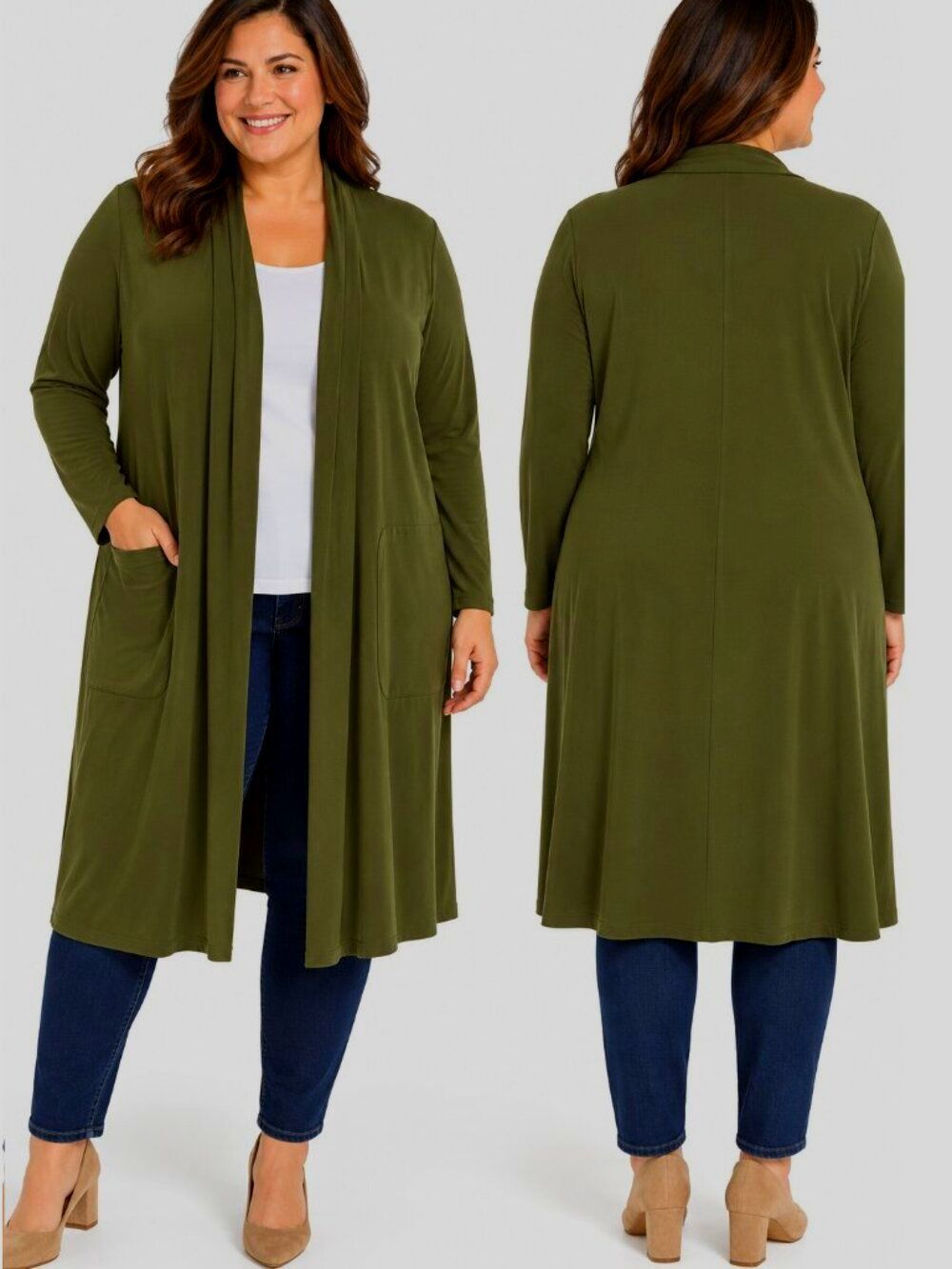 Susan Graver Liquid Knit Long Duster Cardigan Dark Olive Green 3XP NWOT
